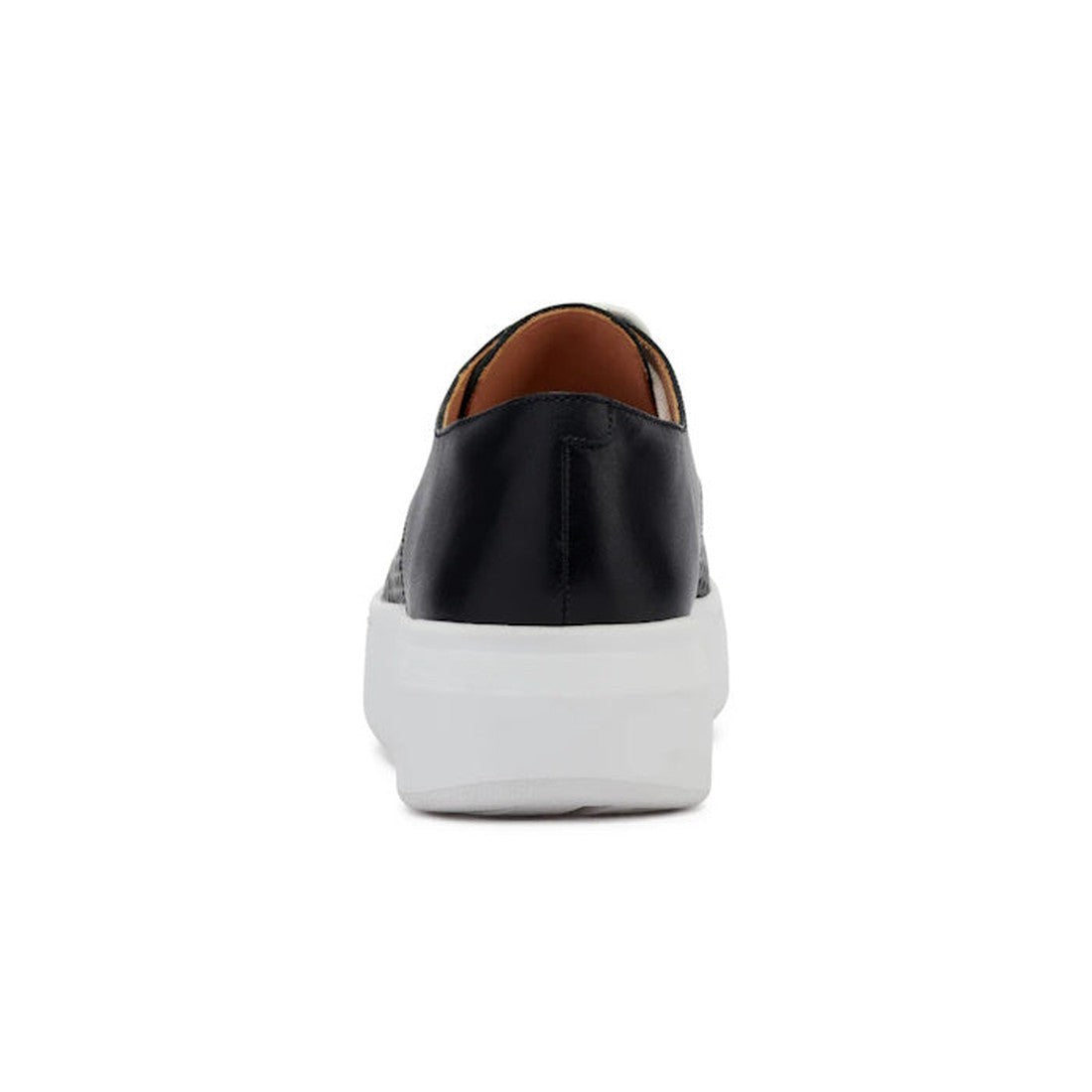 The Rollie Womens Derby City Punch Black Leather Trainer is shown from the back on a white background. This low-cut sneaker features a black upper, white platform sole, brown inner lining, and a removable orthotic-friendly footbed for comfort., 9339554259