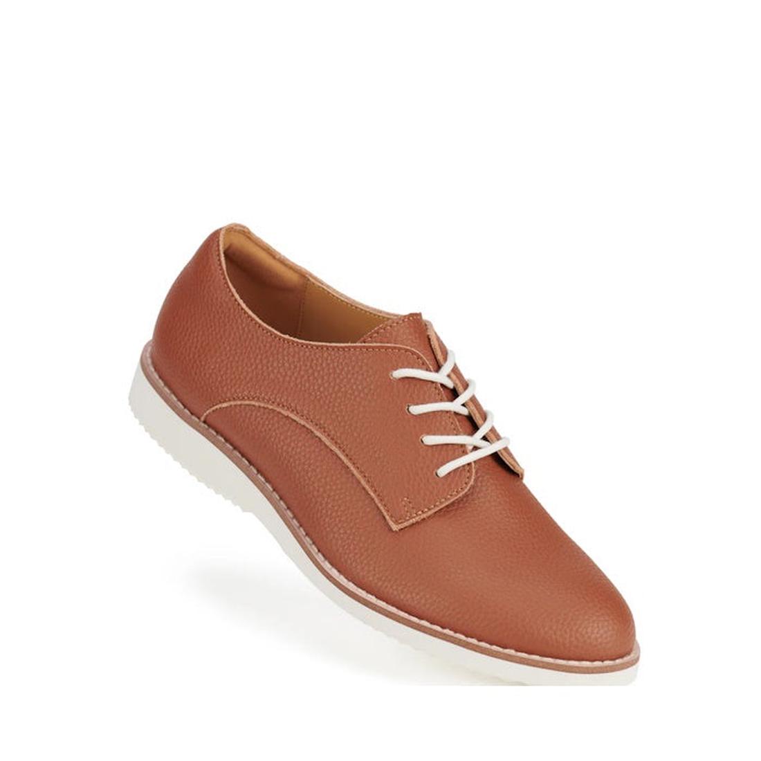 right foot of Rollie Derby brouge in Brown recycled leather shoe with white laces on a white background