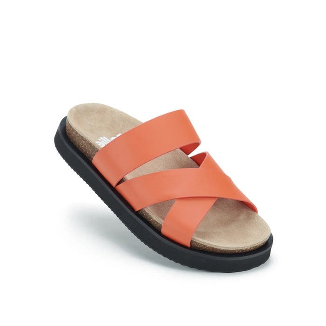 The Rollie Womens Rhodes Cross Slide Tangerine Leather features two wide orange leather crisscross straps, a beige cushioned footbed with arch support, and a black sole, displayed against a white background.