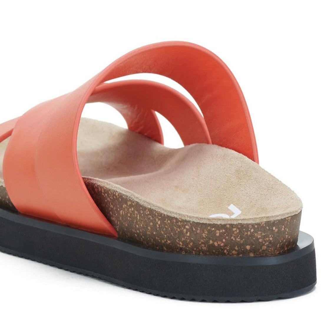 A close-up of the Rollie Womens Rhodes Cross Slide in Tangerine Leather, featuring wide straps, a cork and suede footbed with arch support, black rubber outsole, and a modern minimalist design., 9781760767389, 9781760767396, 9781760767402, 9781760767419, 