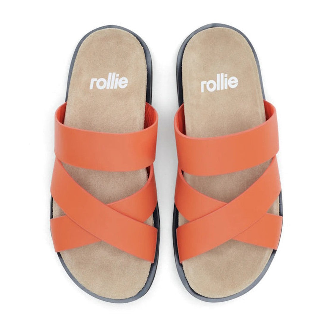The Rollie Womens Rhodes Cross Slide sandals feature orange leather crisscross straps, tan footbeds with white "rollie" branding, black soles, and built-in arch support for comfort., 9781760767389, 9781760767396, 9781760767402, 9781760767419, 978176076742