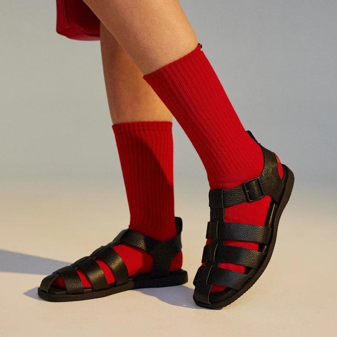 Style option on Rollie Fisherman Black sandals worn on a model with red socks on a neutral background showing both feet in a walking pose.,
9781760777722,
9781760777739,
9781760777746,
9781760777753,
9781760777760,
9781760777777,, 9781760777722, 978176077