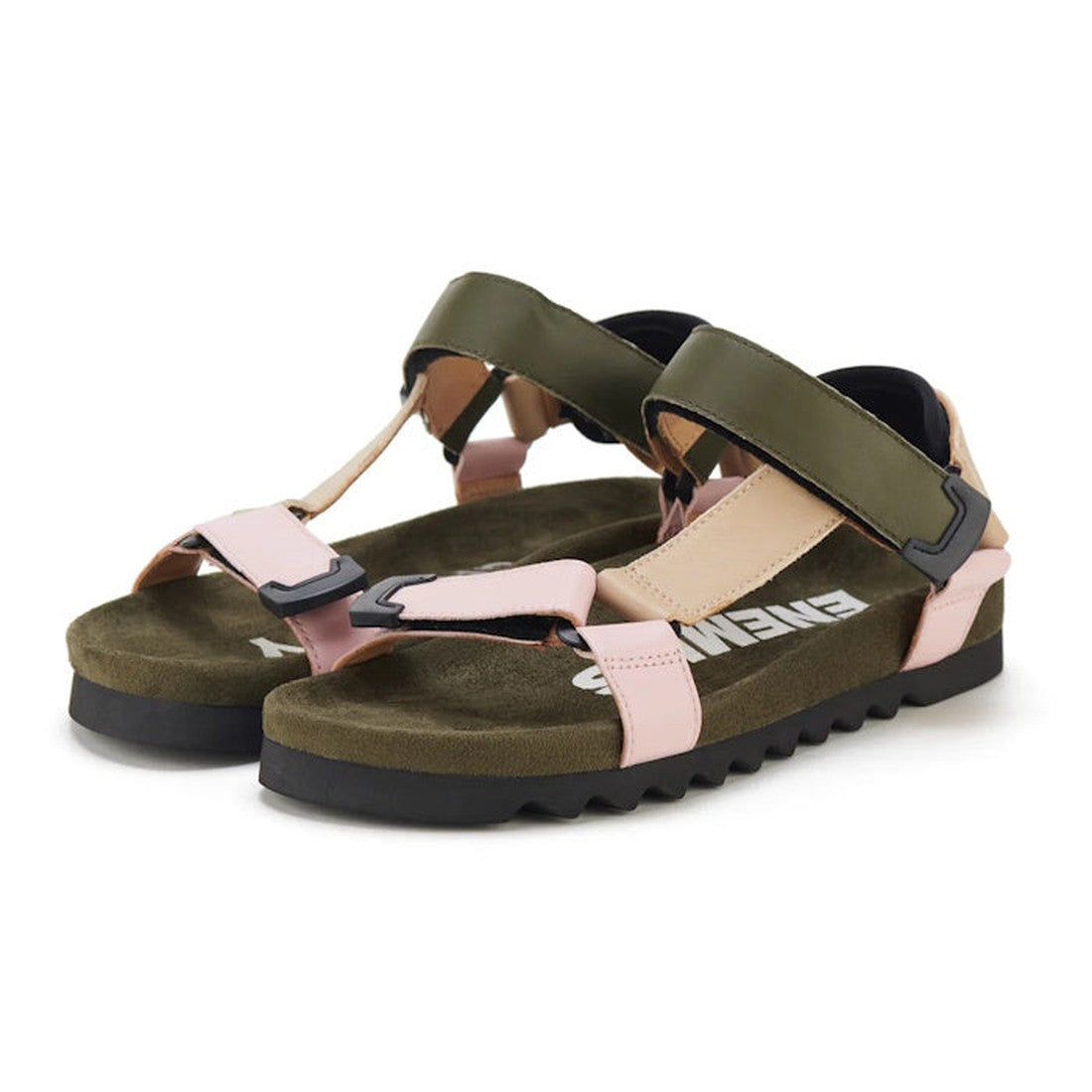 The Rollie Womens Sandal Tooth Wedge Blush Camo features olive green and light pink sheep leather adjustable straps, black buckles, thick dark soles with an EVA sawtooth wedge outsole, and olive green footbeds with white text., 9339554326726, 933955432673