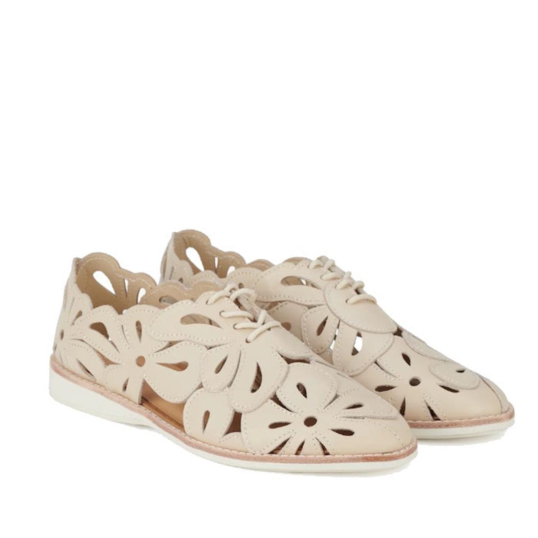 Rollie Derby Sidecut Applique Bone womens leather shoes, Australian designed in beige with scalloped edges and floral cutout patterns.