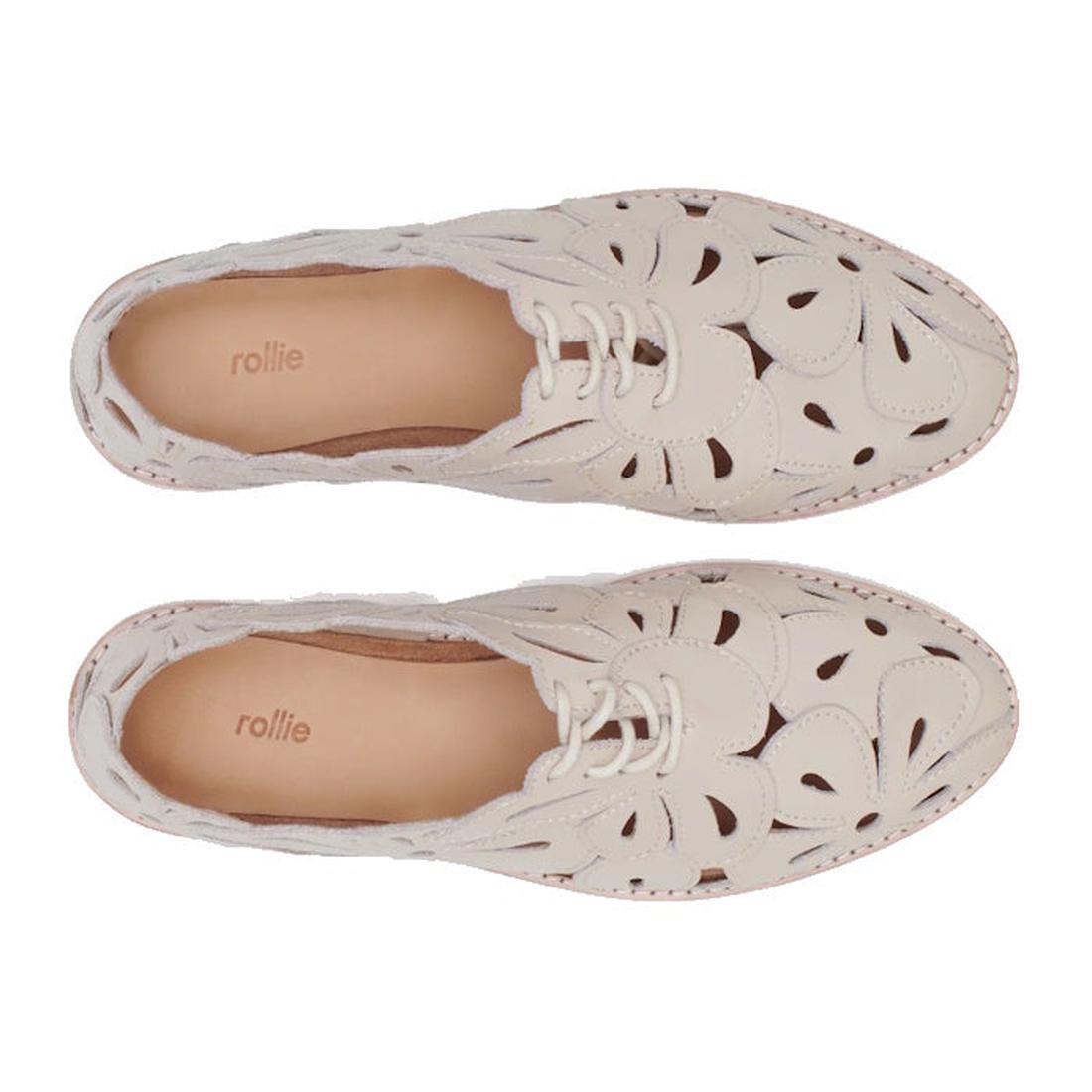 Rollie Derby Sidecut Applique Bone Womens Leather shoes in off-white, featuring decorative cutouts and lace-up closures.