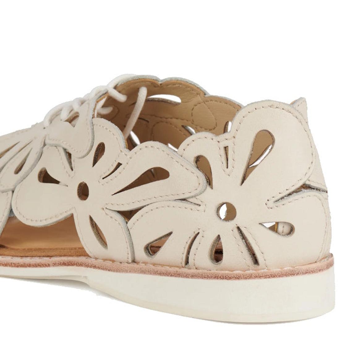 Off-white, Australian designed Rollie Derby Sidecut Applique Bone Womens Leather Shoe with decorative floral cutout side panels.