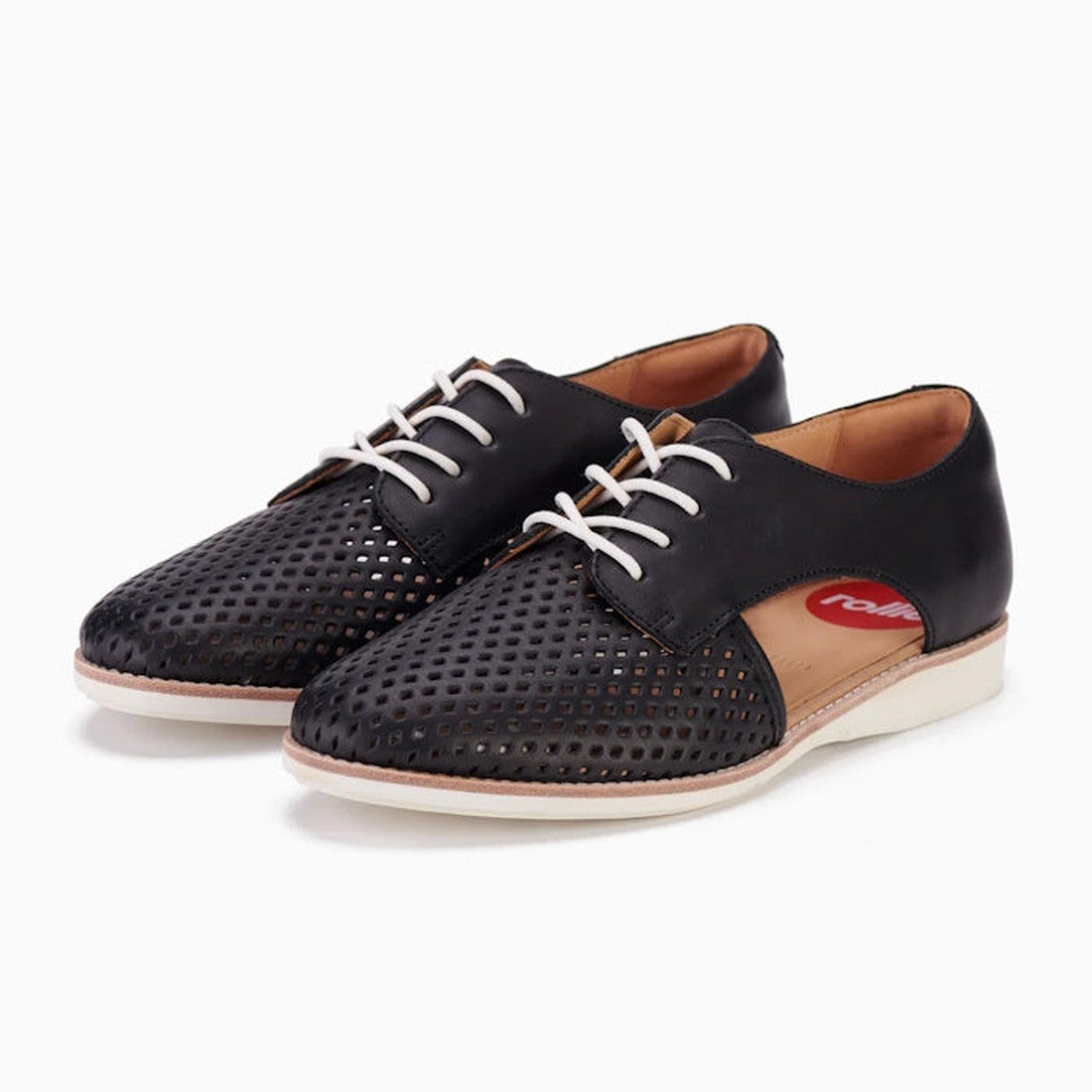 The Rollie Womens Sidecut Punch Black Leather Shoe features black perforated leather, white soles and laces, cushy EVA midsoles for comfort, and a red insole with white text, shown on a white background., 9339554249179, 9339554249186, 9339554249193, 93395