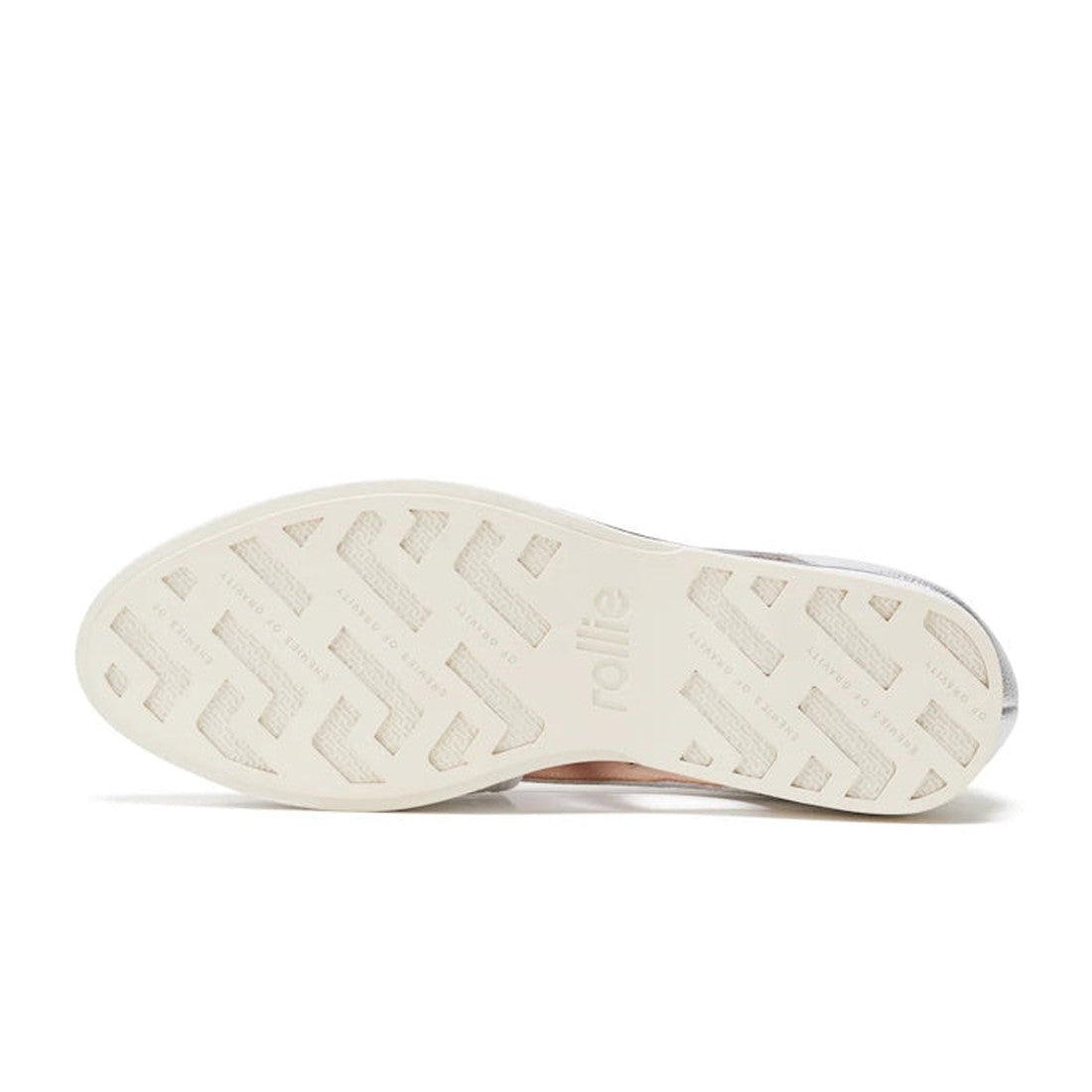 The image shows the white anti-slip rubber outsole of the Rollie Womens Sidecut Punch Silver Metallic Leather Shoe, featuring a herringbone tread pattern and 'rollie' embossed in the center., 9339554231341, 9339554231358, 9339554231365, 9339554231372, 933