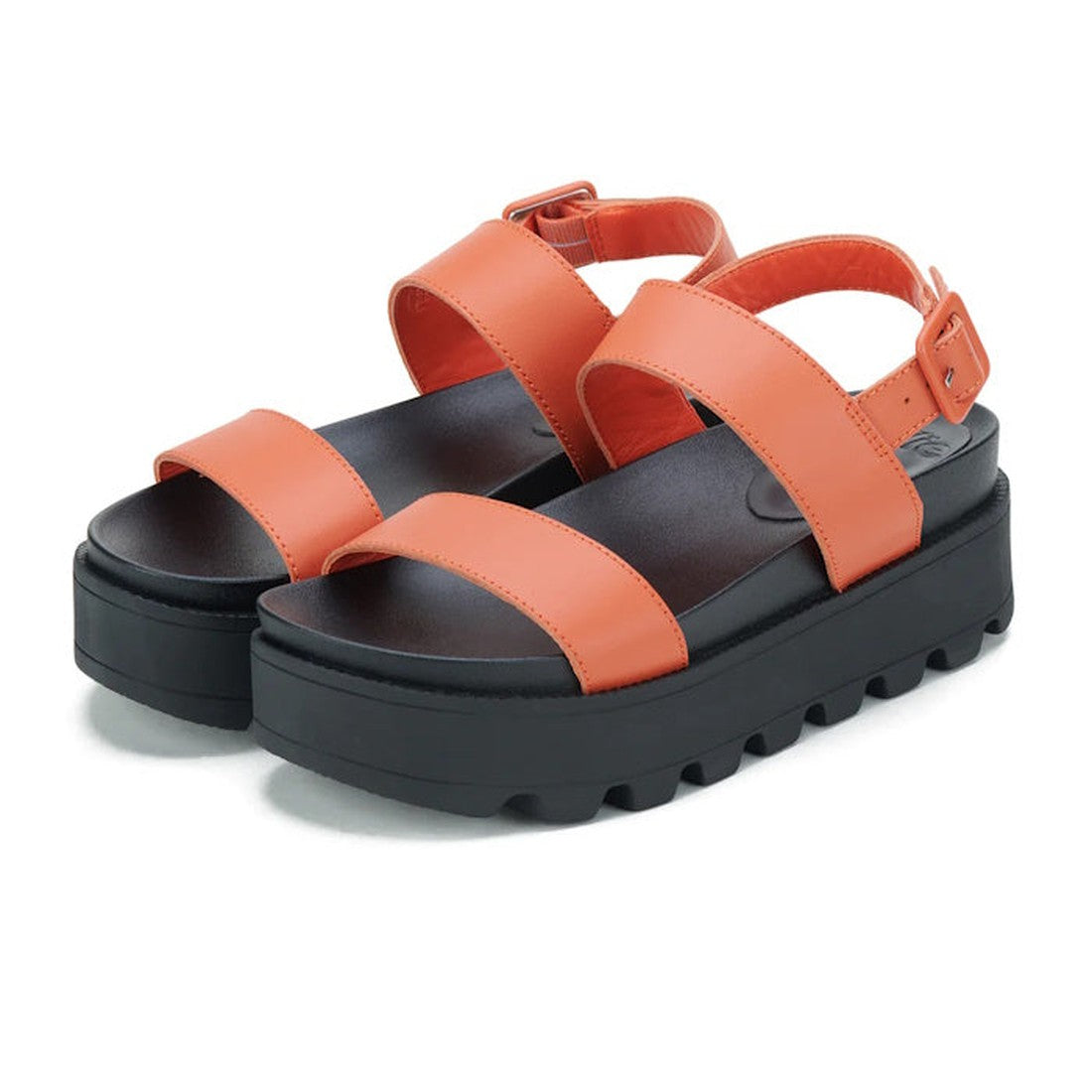 The Rollie Womens Zeze Wedge Strap Tangerine/Black Leather Sandal features wide orange straps, adjustable ankle buckles, an open toe design, and thick black platform soles for comfort and style., 9781760767655, 9781760767662, 9781760767679, 9781760767686,