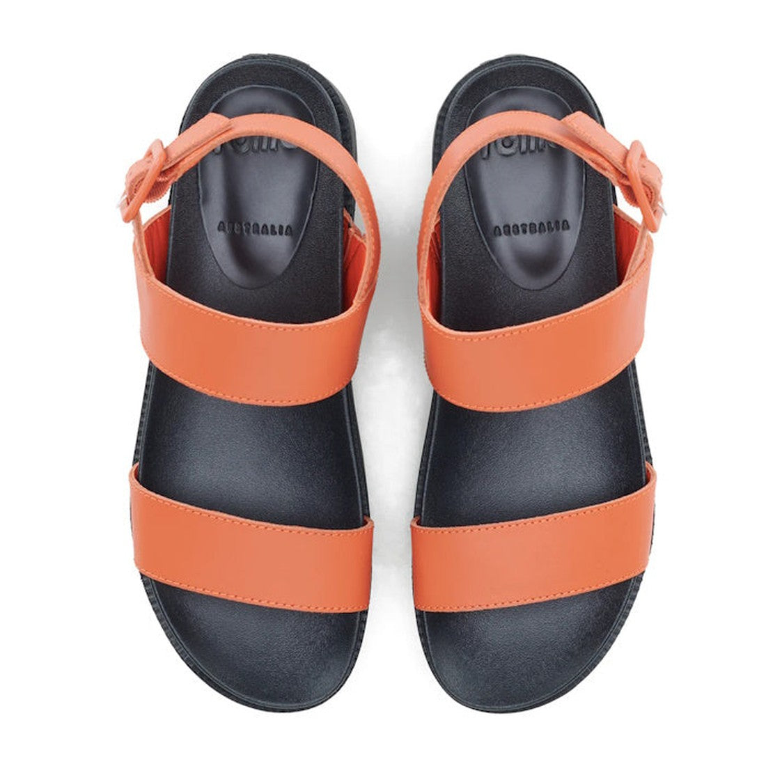 The Rollie Womens Zeze Wedge Strap Tangerine/Black Leather Sandal features open toes, black soles, two wide orange leather straps across each foot, and an ankle strap with a side buckle for comfort., 9781760767655, 9781760767662, 9781760767679, 9781760767