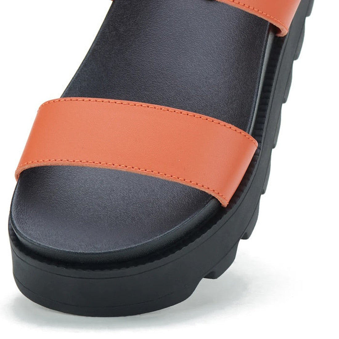 Close-up of the Rollie Womens Zeze Wedge Strap Sandal in tangerine/black leather, featuring two wide orange straps and a thick black sole, displayed on a white background., 9781760767655, 9781760767662, 9781760767679, 9781760767686, 9781760767693, 40053