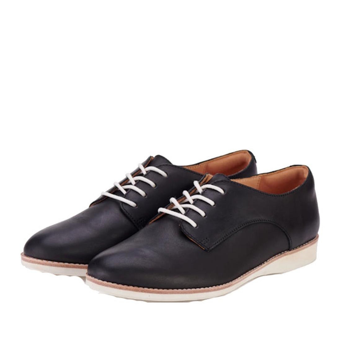 The Rollie Womens Derby Black Leather Brogue Shoes, made from premium leather with white soles and laces for sneaker-like comfort, are displayed side by side on a plain white background., 9339554248271, 9339554248288, 9339554248295, 9339554248301, 9339554