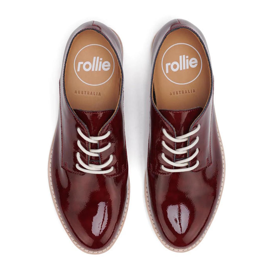 Rollie Womens Derby Super Soft DP Wine Crinkle Patent Shoes: comfy burgundy lace-ups with white laces, soft tan soles, and removable footbeds.  ksnz, 9781760788742, 9781760788759, 9781760788766, 9781760788773, 9781760788780, 9781760788797, 9781760788803