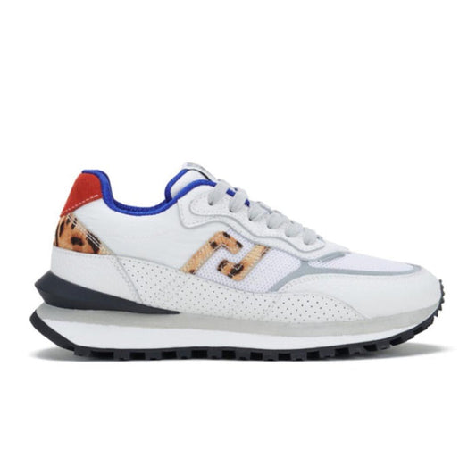Rollie Womens Kentu Retro Leopard Trainer is a white lace-up sneaker with gray and blue accents, red heel, comfy EVA sole, and grippy outsole.  ksnz