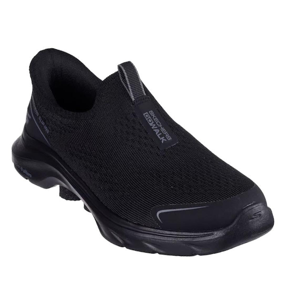 Side and front view of a  black Skechers GO WALK 7 safari slip-on sneaker for women with a knit upper and a stable sole.