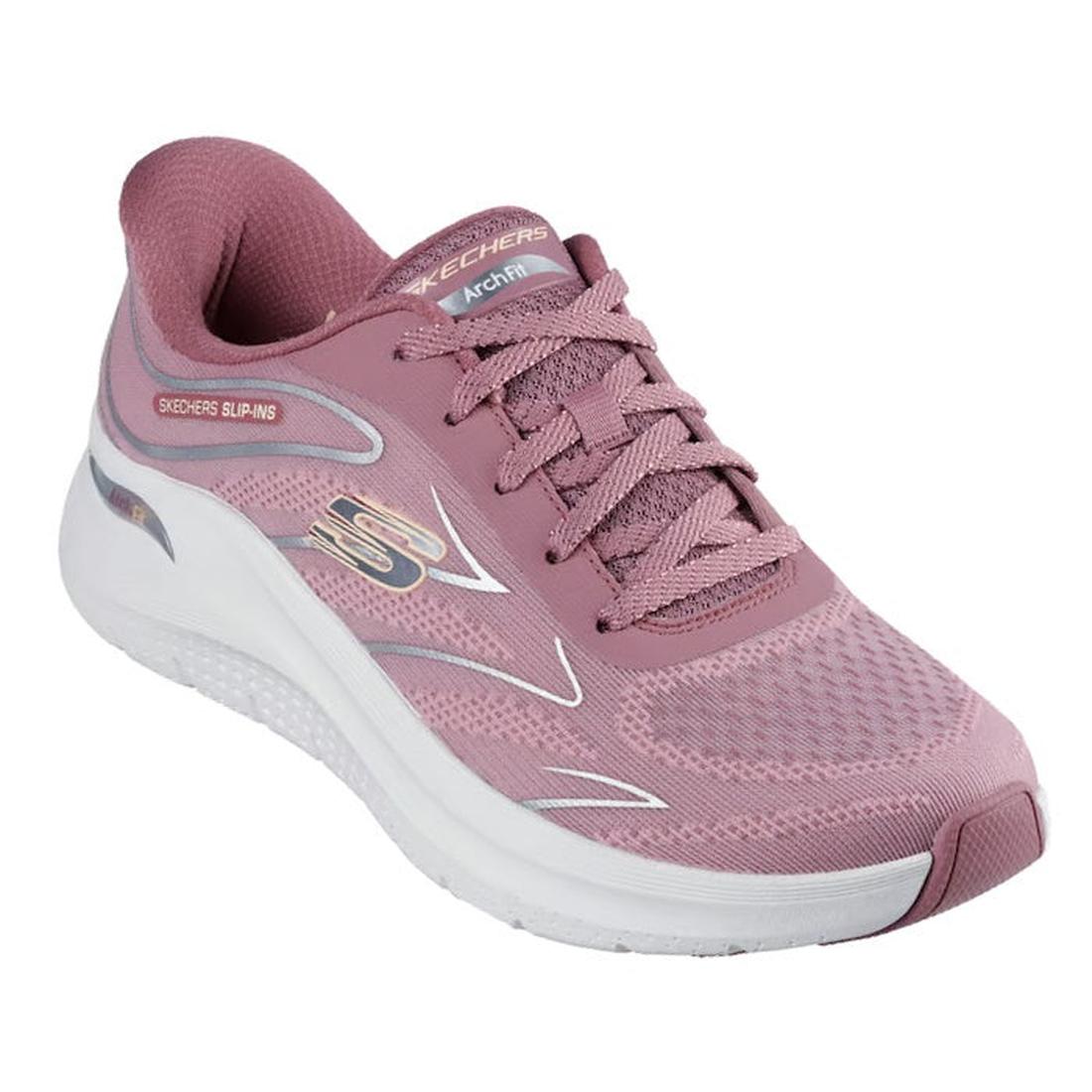 A right foot shot showing the side and front of a mauve pink Skechers Arch Fit 2.0 slip-on sneaker with a lace-up front and a white sole.