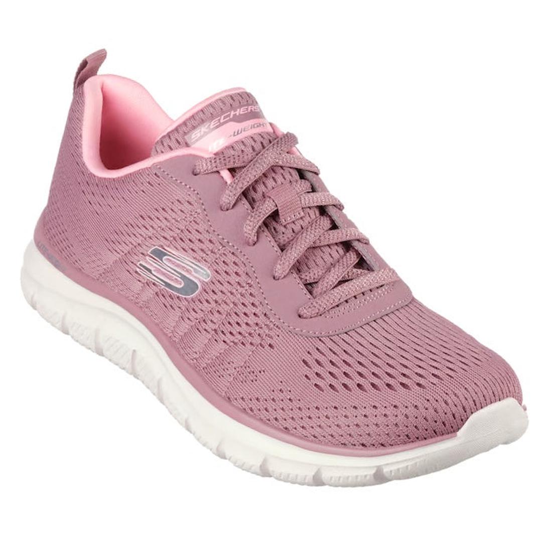 A dark rose pink Skechers Track New Staple side and front view lace-up sneaker with a mesh upper and a white sole.