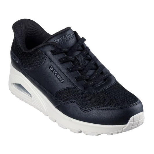 right foot view of a black Skechers Uno Banksia slip-on sneaker with a mesh upper and a white sole.,
198376467814,
198376467838,
198376467852,