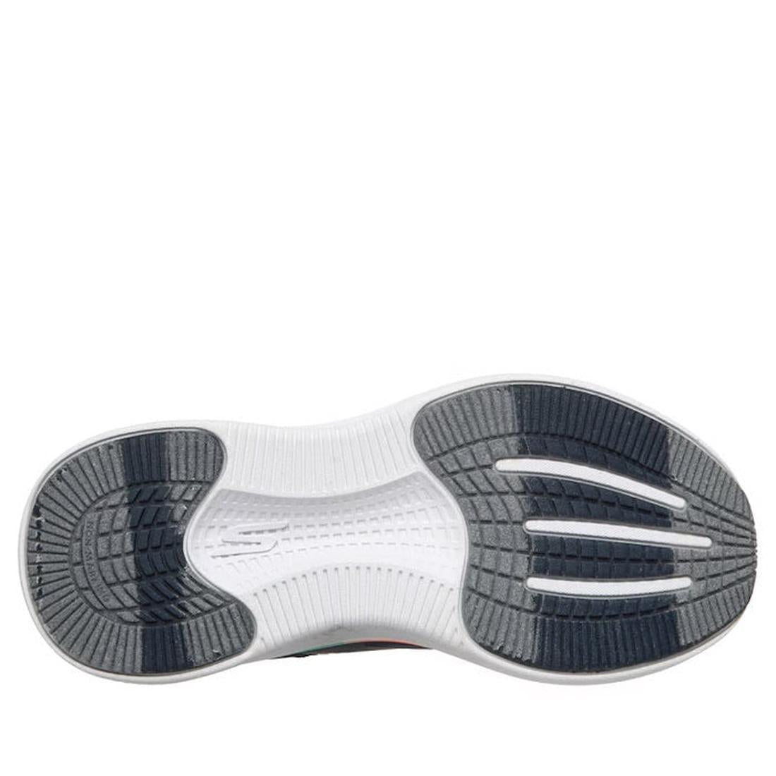 The image shows the sole of the Skechers Boys Go Run Elevate 2.0 Where's My Skechers? Navy Trainer, featuring a white base with dark gray tread, parallel forefoot grooves, and a hidden locator tag compartment for Apple AirTag compatibility., 198739878851,
