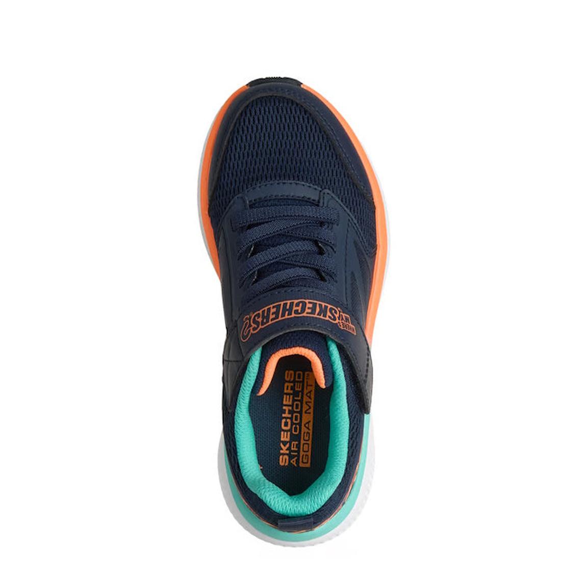 Top view of the Skechers Boys Go Run Elevate 2.0 "Where's My Skechers?" Navy Trainer, featuring a mesh upper, hook-and-loop strap, orange and teal accents, SKECHERS branding, and an Apple AirTag-compatible hidden locator tag compartment., 198739878851, 19