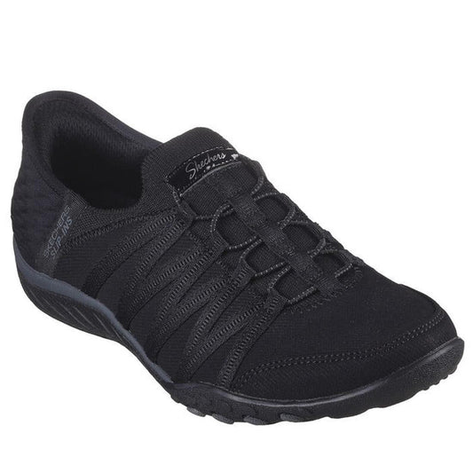 Skechers Breathe Easy Roll With Me SLIP INS, black sneaker with textured sole, easy bungee laces, soft upper & cushioned comfort.  ksnz