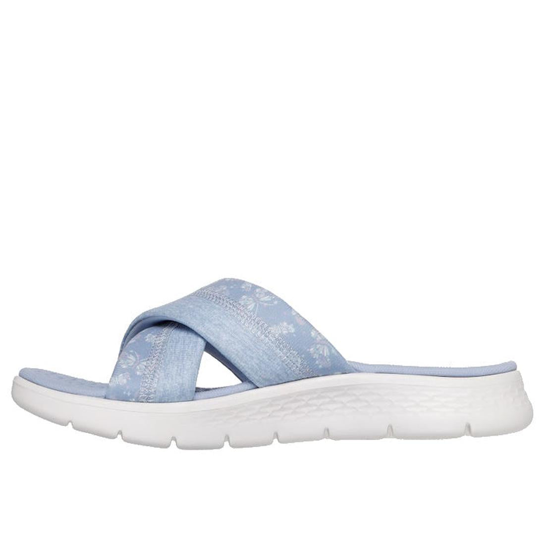 Periwinkle Skechers Go Walk Flex Women's Sandal Slides Butterfly Bliss with wide crisscross fabric straps and subtle white butterfly patterns, featuring a cushioned Goga Mat footbed and thick white textured sole. Background is plain white., 47970, 47971, 