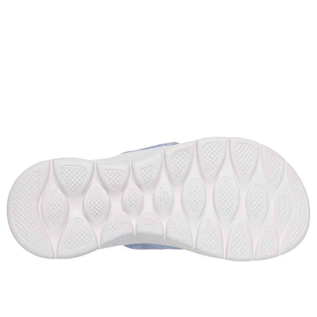 The image shows the white sole of the Skechers Go Walk Flex Womens Sandal Slides Butterfly Bliss Periwinkle, featuring an oval-shaped textured pattern with raised cushioned sections for grip and comfort. The sole faces upward against a plain white backgro