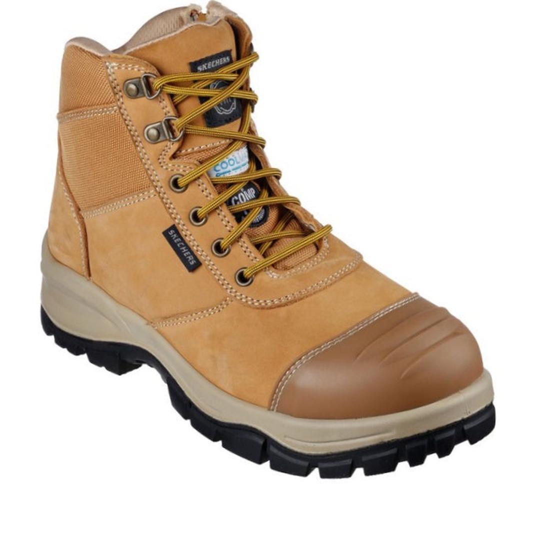 Skechers Composite Toe Work Boot Ruddle Tan Womens offers tan color, bright yellow laces, sturdy slip-resistant sole, and safe toe.  ksnz
