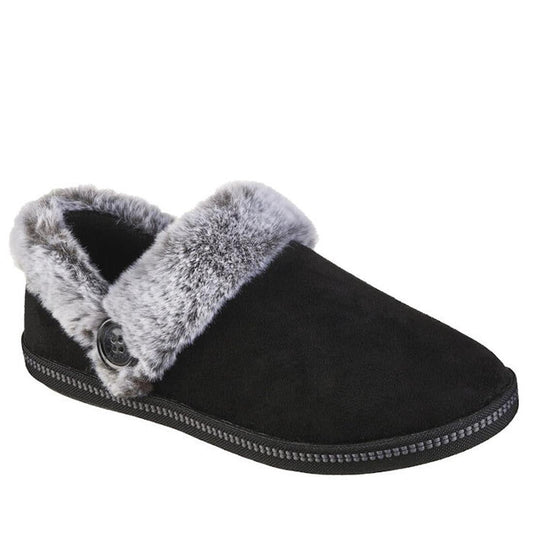 Skechers Cozy Campfire Fresh Toast Black vegan slipper for women, with plush gray faux fur, side button, memory foam, sturdy sole.  ksnz