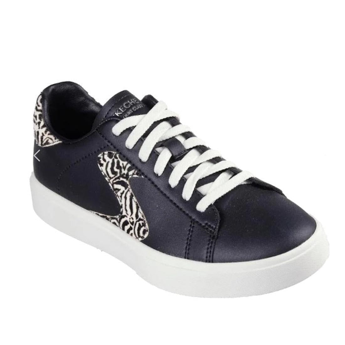 The Skechers Street Eden LX Feeling Fierce Black Natural Women’s sneaker features black uppers, white laces and sole, a black-and-white animal print accent, and an Air-Cooled Memory Foam insole for all-day comfort.