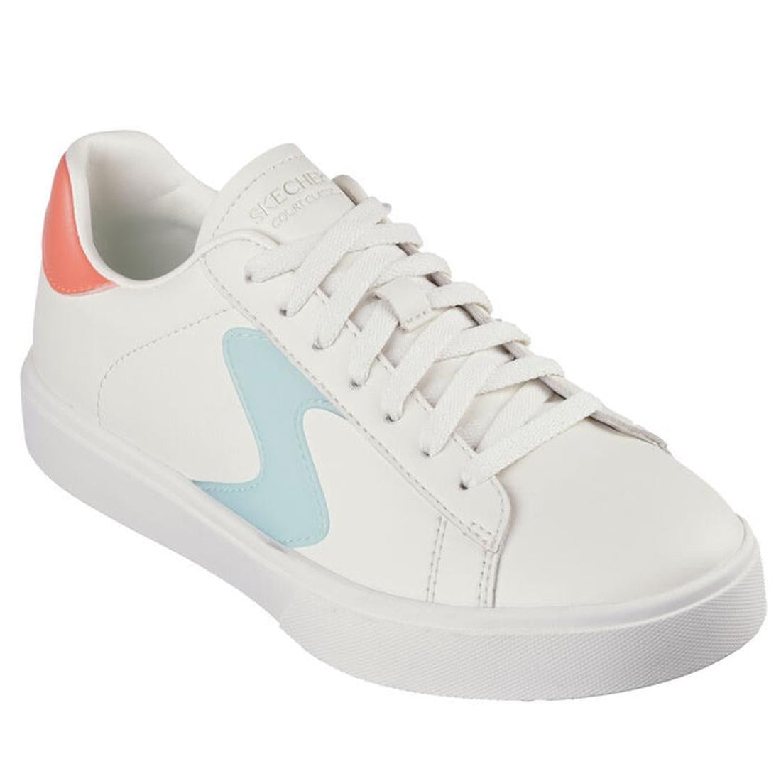 Skechers Eden LX Top Grade Natural Multi Women’s Trainer with comfy Air-Cooled Memory Foam, white laces, thick sole, and colorful accents.  ksnz
