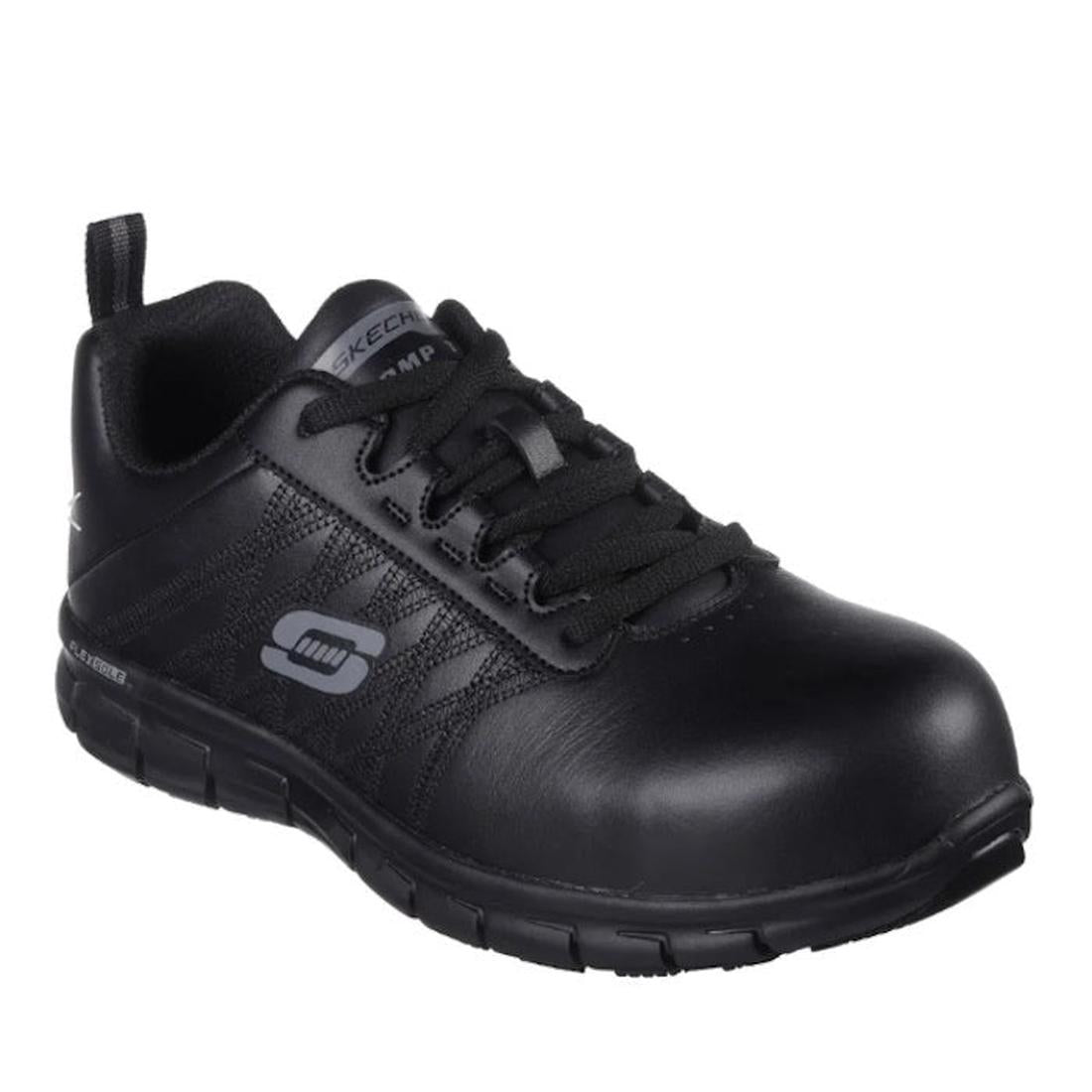 Skechers Womens Sure Track Erath Comp Toe Black Work Wear is a cozy black lace-up work shoe with sturdy soles and comfy memory foam.  ksnz