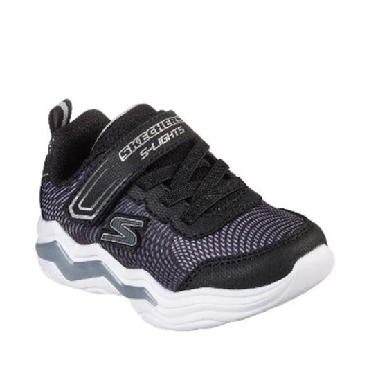 Skechers Light Ups Toddlers Erupters IV Black Silver sneaker features easy Velcro, bouncy sole, and fun lights for little explorers.  ksnz
