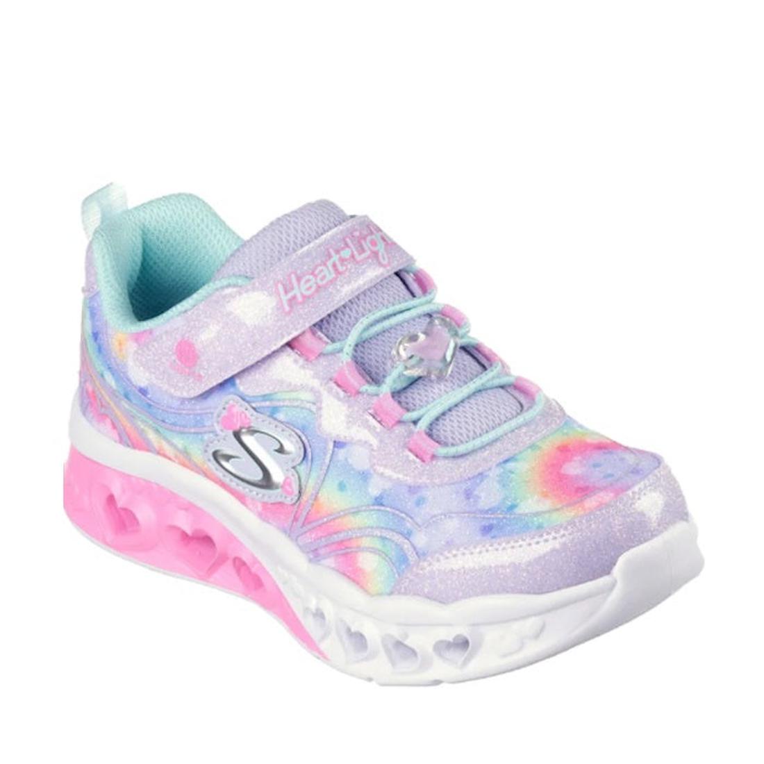 Skechers S Lights Flutter Heart Lights Groovy Swirl Lavender Aqua Trainer: pastel kids’ sneaker with glitter, light-up heart sole, velcro.  ksnz