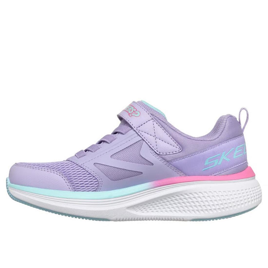 The Skechers Girls Go Run Elevate 2.0 Where's My Skechers? Lavender Trainer features light purple mesh, a mint green sole edge, pink accents, a hook-and-loop strap, hidden locator tag compartment, SKECHERS heel branding, and a white textured sole., 198739