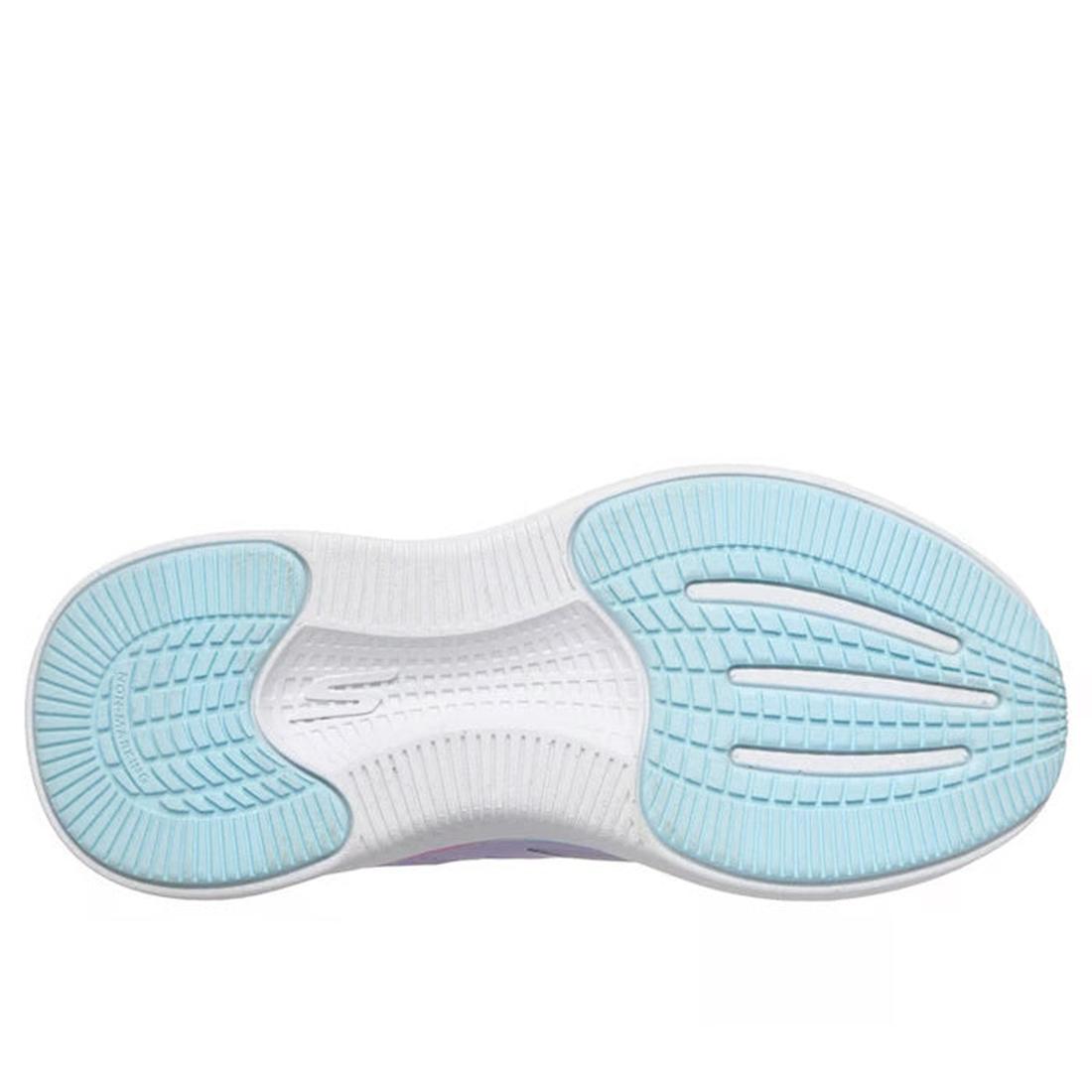 The image shows the sole of the Skechers Girls Go Run Elevate 2.0 Where's My Skechers? Lavender Trainer, with a textured white base, light blue tread at the toe and heel for traction, and a hidden compartment compatible with Apple AirTag., 198739630640, 1