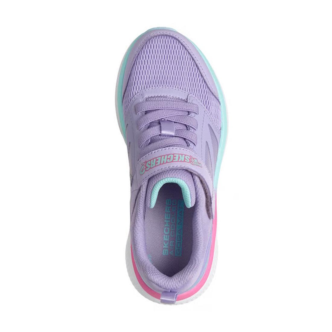 Top view of the Skechers Girls Go Run Elevate 2.0 Where's My Skechers? Lavender Trainer, featuring aqua and pink accents, mesh upper, visible branding, and a hidden AirTag-compatible locator tag compartment on a white background., 198739630640, 1987396306