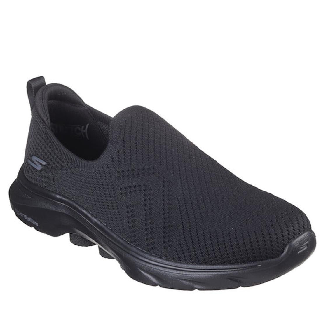 Skechers Go Walk 7 Amina Black Slip On Shoe has a flexible mesh top, cushioned sole, slip-on style, and handy back pull tab.  ksnz
