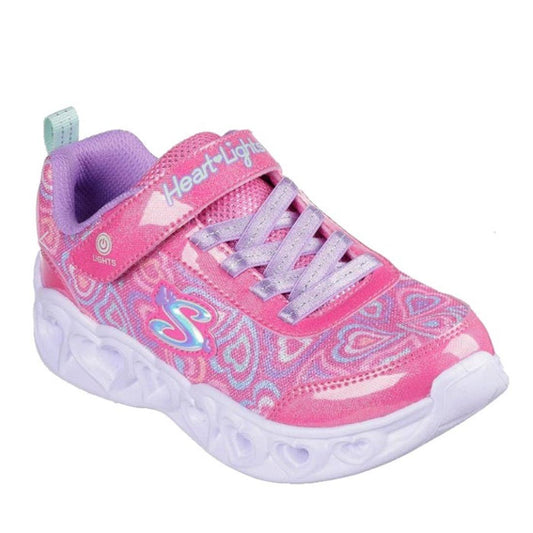 The Skechers S Lights Heart Lights Boogie Love Hot Pink Multi sneaker features heart patterns, a “Heart Lights” strap label, turquoise pull tab, colorful side S logo, and sparkly details kids adore.