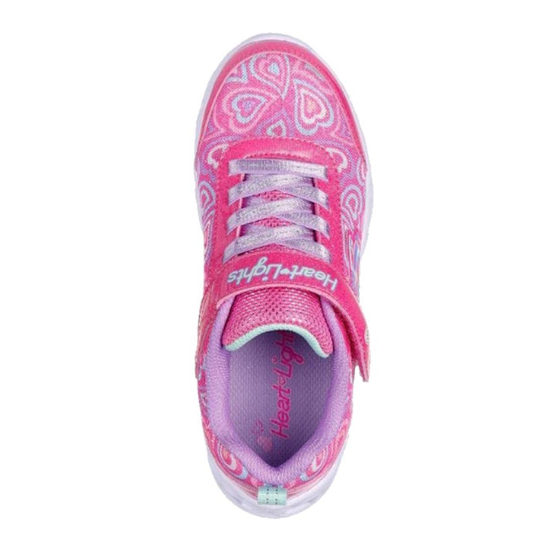 The Skechers S Lights Heart Lights Boogie Love Hot Pink Multi is a pink and purple children’s sneaker with heart patterns, purple laces, a Velcro strap, light-up feature, light purple interior, and white sole—perfect for kids who love sparkly shoes., 1983