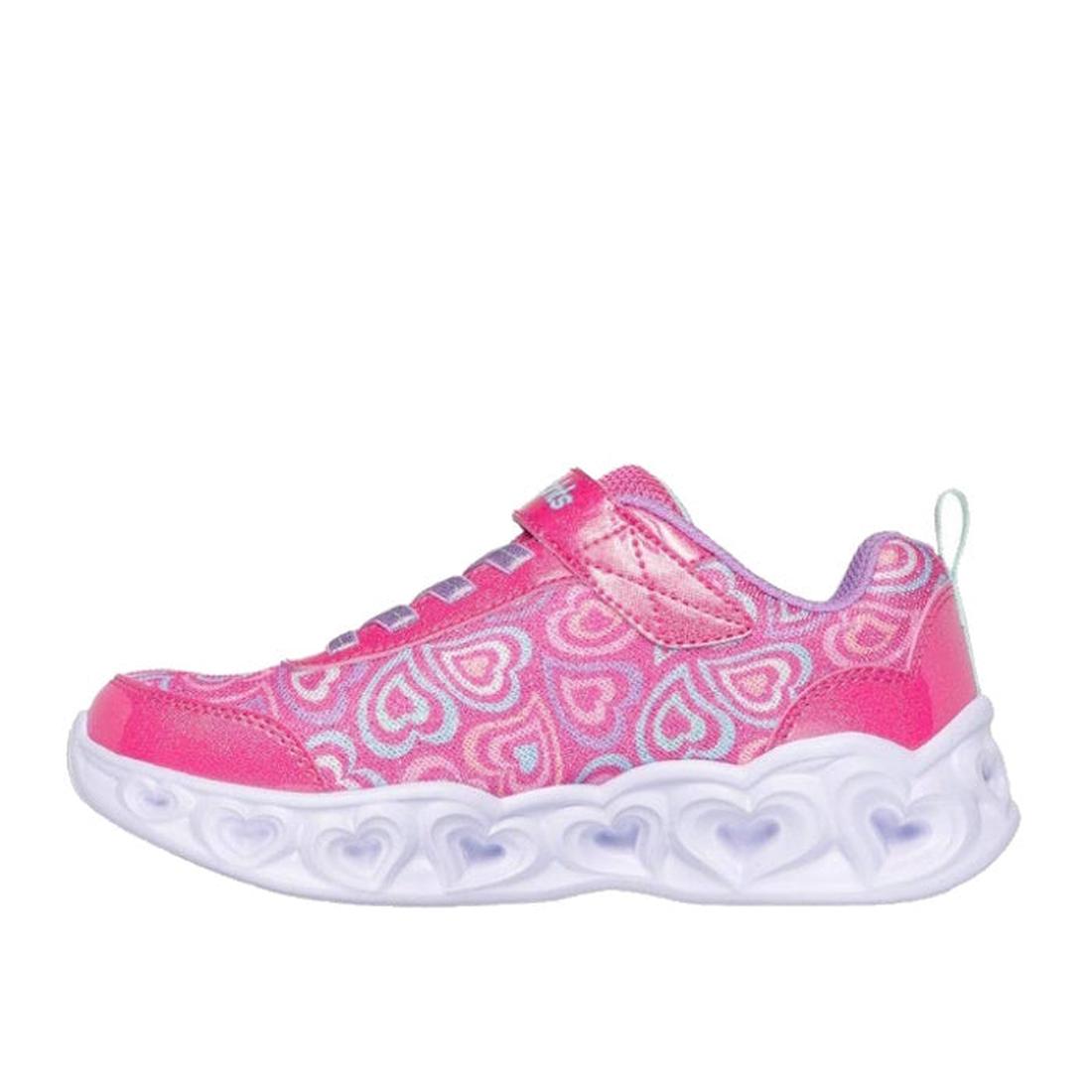 The Skechers S Lights Heart Lights Boogie Love Hot Pink Multi features a heart pattern, velcro strap, and thick white sole with embossed hearts—perfect sparkly kids’ shoes that add shine to every step., 198376663469, 198376663483, 198376663506, 45364, 453