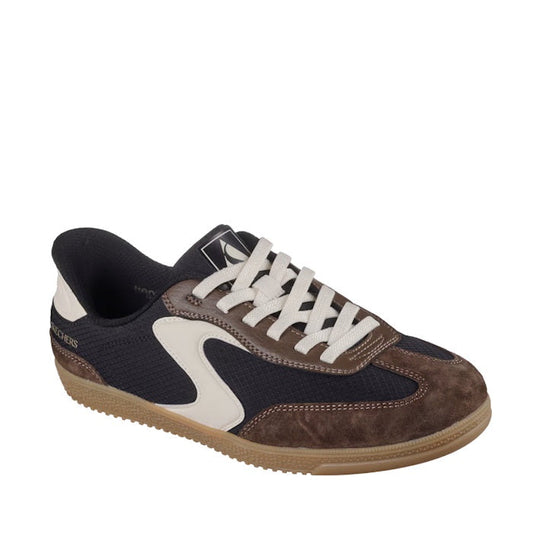 Introducing the Skechers Womens HotShot Everyday Ease Black Brown Slip In Sneaker—a black, brown, and white slip-on sneaker featuring white laces, a suede toe, gum sole, and a wavy white side detail inspired by classic court style—displayed at an angle on