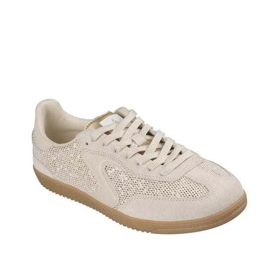 The Skechers Womens HotShot Meshing Well Natural Light Sneaker Clearance is a beige court-style shoe featuring a mesh upper, suede accents, tan laces, and a light brown rubber sole with Air-Cooled Memory Foam cushioning, displayed at an angle on a white b