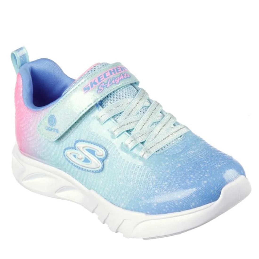 Skechers Girls Light Up Flicker Flash Ombre Dreamer Aqua Multi Trainer: pastel blue-pink mesh, white sole, laces, Velcro strap, fun lights.  ksnz
