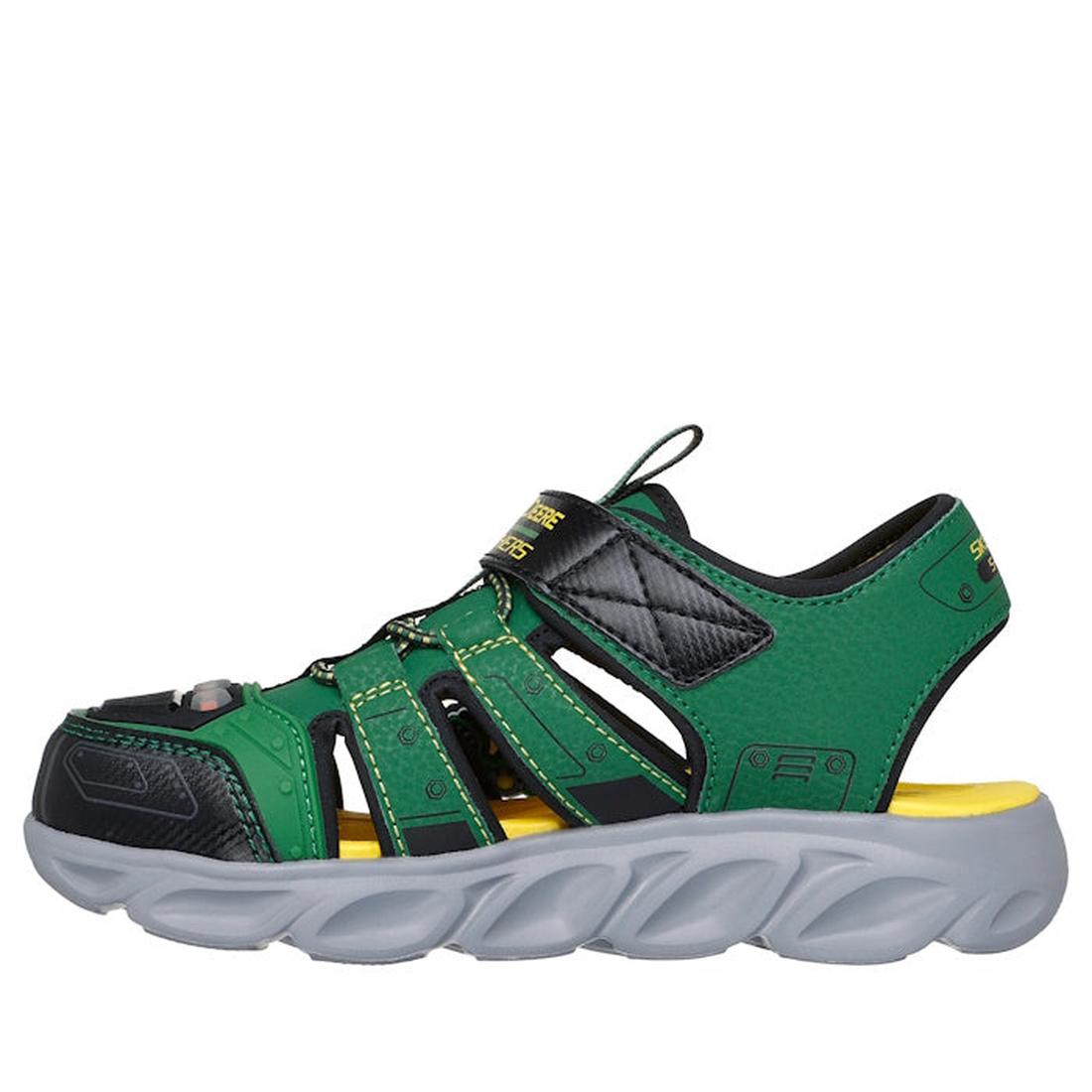 The Skechers Kids Hypno Splash John Deere Light Up Sandal features a green and black open-toe design with multiple straps, a yellow inner sole, light-up details, and a thick textured gray outer sole, shown from the side., 198376587888, 198376587895, 19837