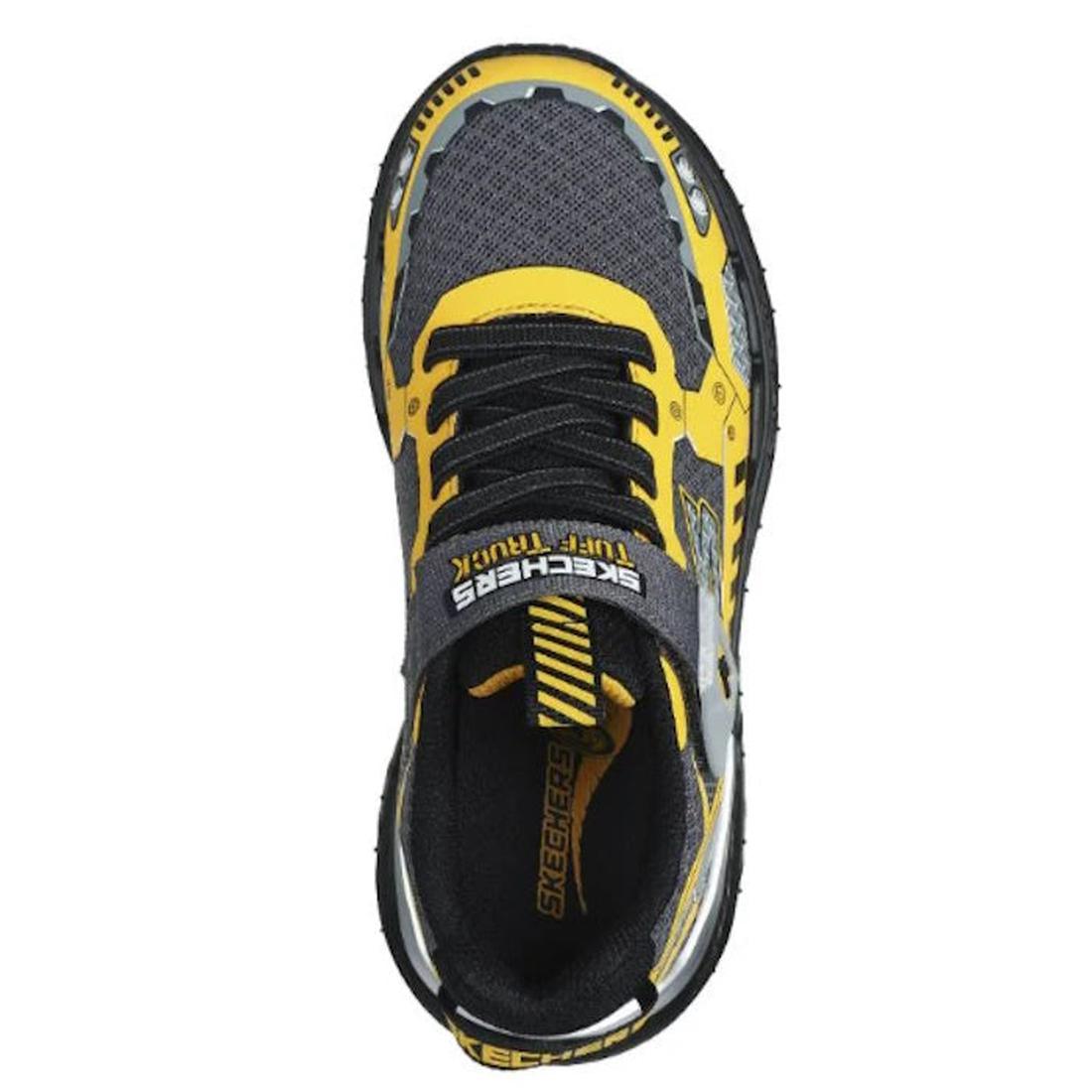 Top view of the Skechers Kids Skech Tracks Charcoal Yellow Tuff Truck Trainer, featuring mesh fabric, yellow laces, a SKECHERS TURF TRUCK velcro strap, vehicle theme details, and a cushioned insole for all-day comfort., 197627197722, 197627197746, 1976271
