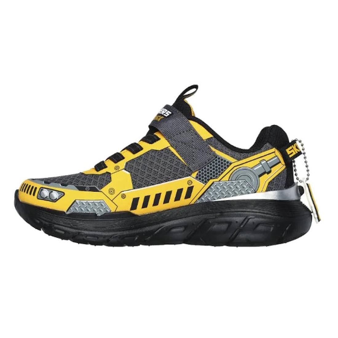 The Skechers Kids Skech Tracks Charcoal Yellow Tuff Truck Trainer is a gray and yellow athletic shoe with black accents, a mechanical design on the side, black sole, cushioned insole, and a silver keychain on the heel., 197627197722, 197627197746, 1976271