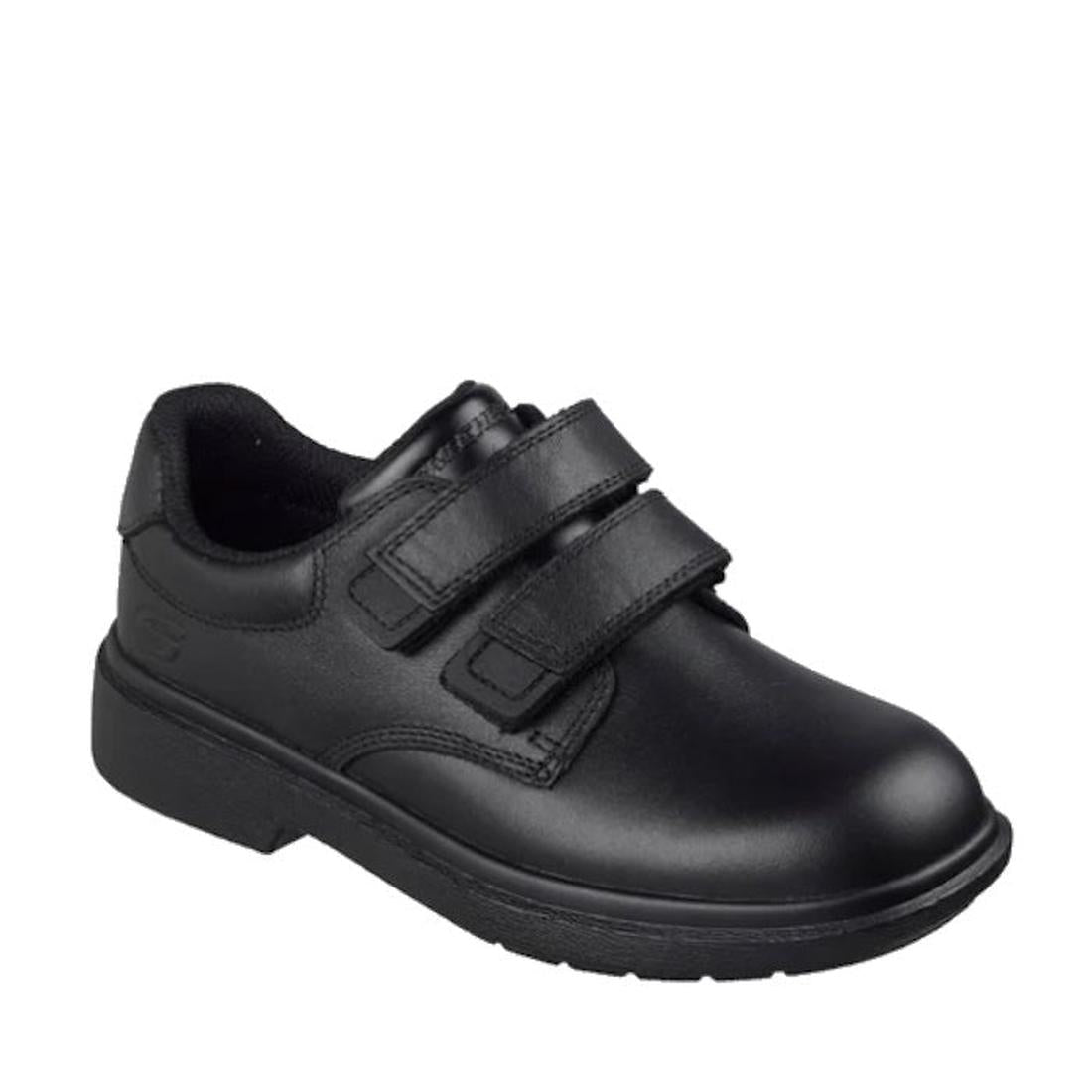 The Skechers Smooth Tracks Classic Stride Adjustable Black School Shoe features full grain leather, a round toe, cushioned collar, and two Velcro straps—perfect for school uniforms and inspired by the comfort of Skechers Smooth Tracks.