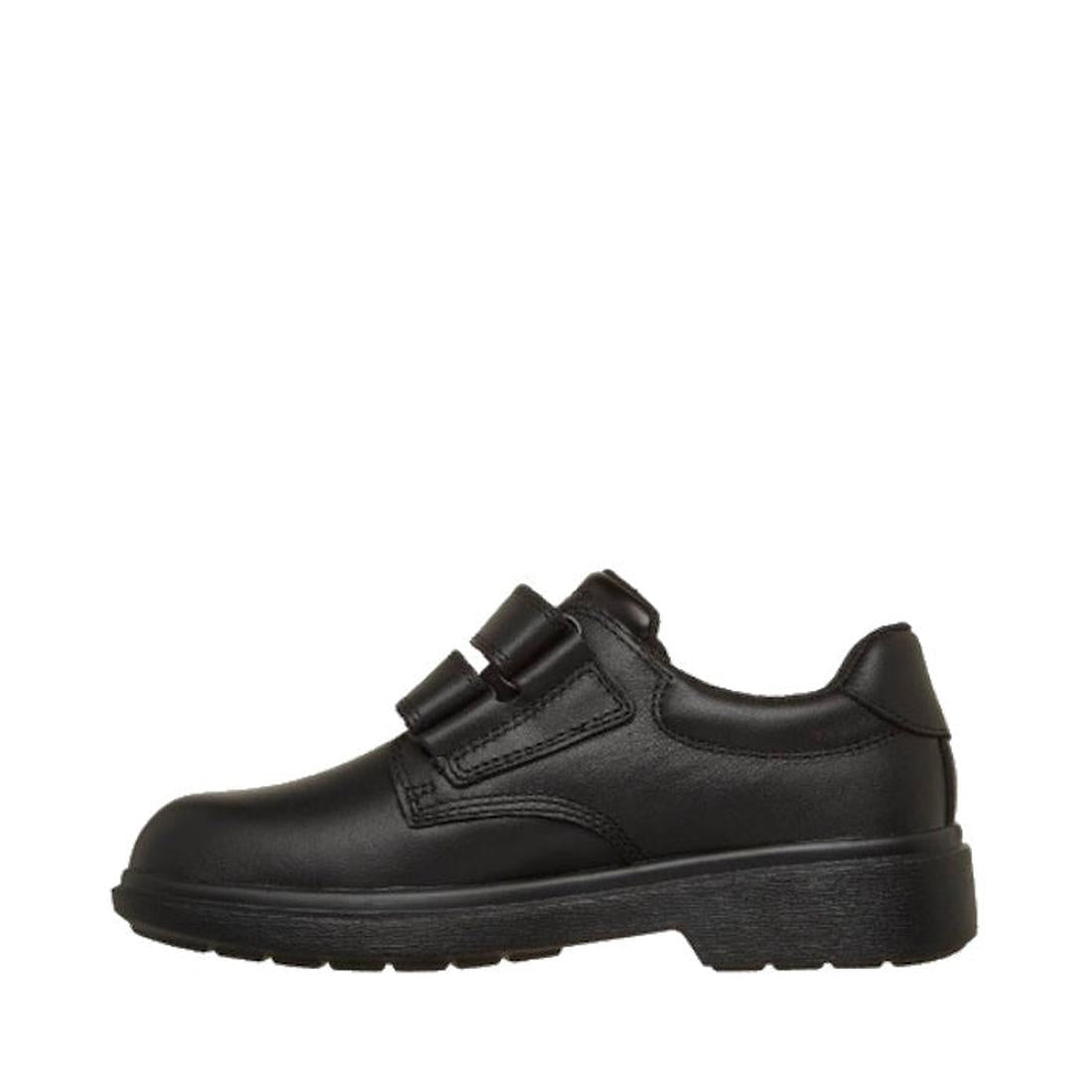 The Skechers Smooth Tracks Classic Stride Adjustable Black School Shoe features full grain leather, a rounded toe, textured sole, and two hook-and-loop straps—ideal for school uniforms. Shown here on a white background., 50038, 199252479280, 199252479303,