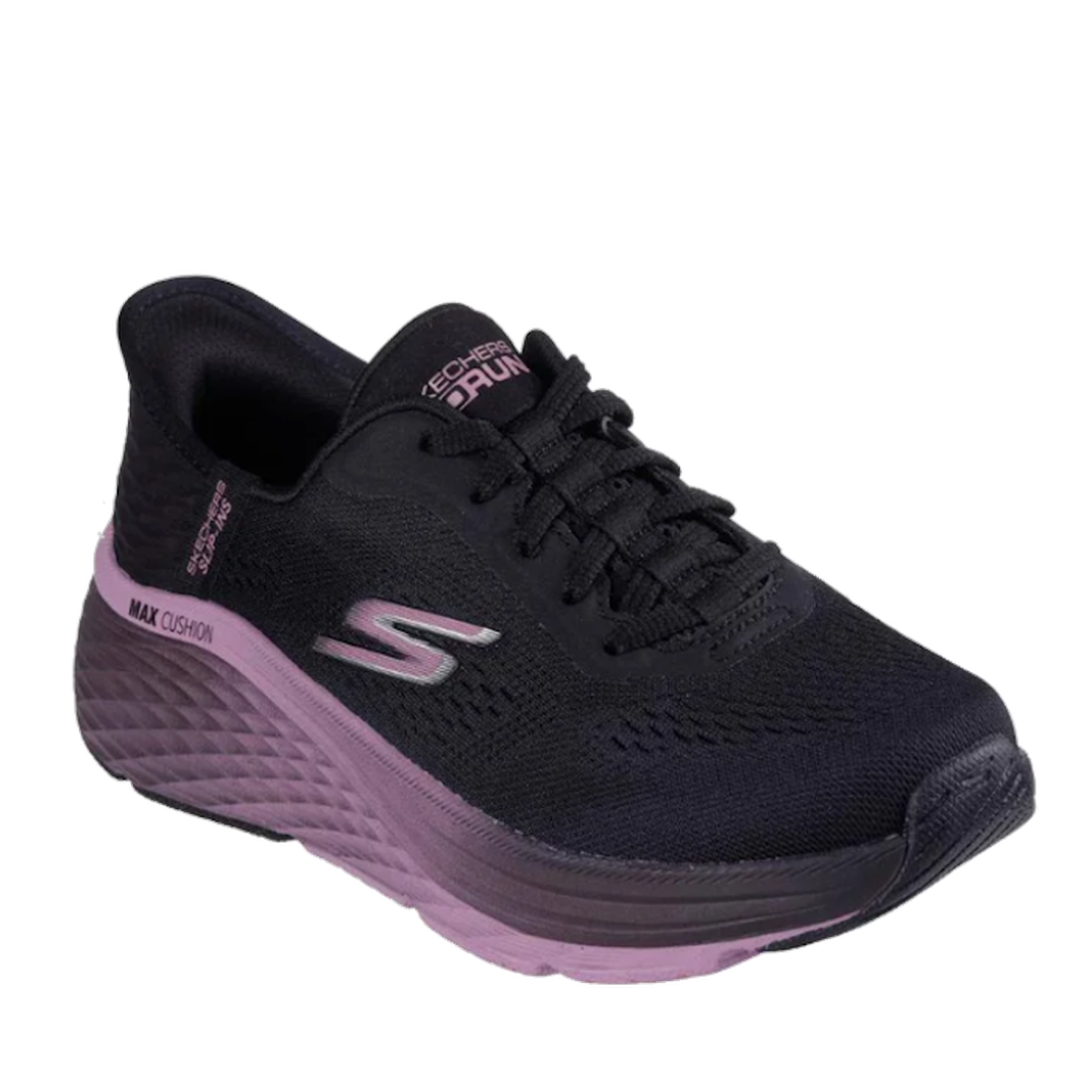 A black and purple Skechers Nax Cushioning Elite  slip-on trainer with lace-up closure and a thick sole.